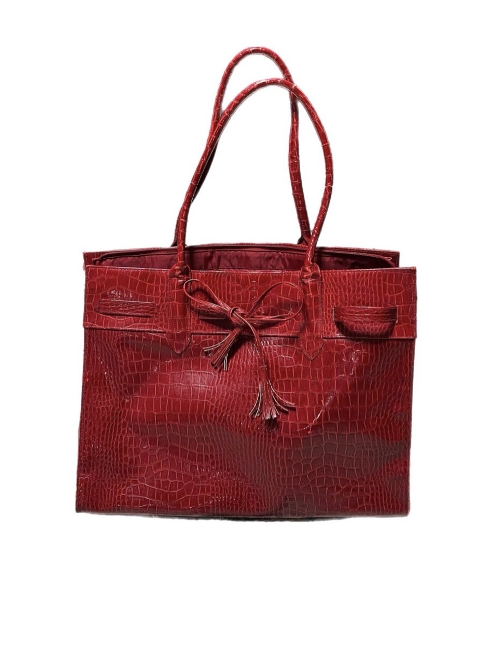 Elizabeth Arden Women’s Maxi Red Crocodile-Embossed Tote Bag Satchel Tassel Tie